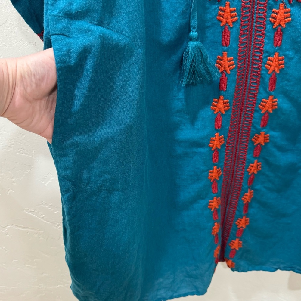 Soft Surrounding Women's 1X Cotton Linen Embroidered Tunic Dress Teal Orange - Picture 6 of 14